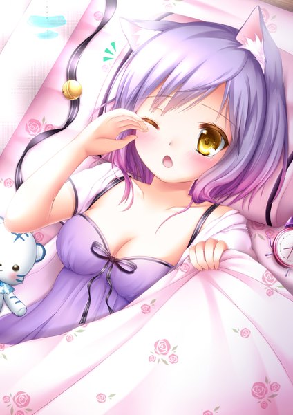 Anime picture 900x1273 with original shitou single tall image blush short hair open mouth animal ears yellow eyes purple hair one eye closed wink cat ears cat girl ;d sleepy girl dress bell jingle bell