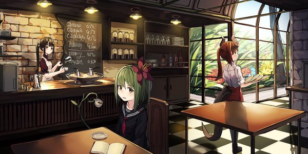Anime picture 3000x1500 with original natori youkai long hair looking at viewer fringe highres brown hair wide image standing sitting brown eyes looking away ponytail indoors tail parted lips looking back hair flower horn (horns) green hair
