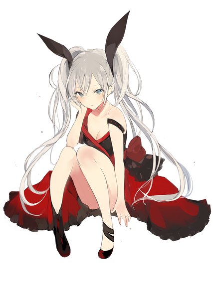 Anime picture 670x942 with original lpip single long hair tall image looking at viewer blush fringe blue eyes simple background hair between eyes white background sitting twintails cleavage full body bent knee (knees) parted lips grey hair hand on face