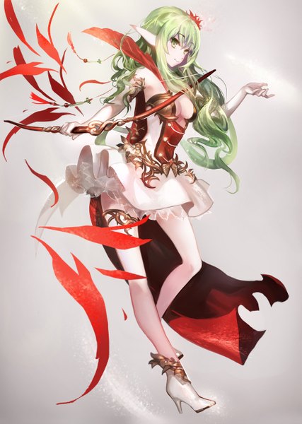 Anime picture 900x1265 with original juexing (moemoe3345) single long hair tall image fringe breasts light erotic smile bare shoulders holding green eyes looking away bent knee (knees) hair flower green hair pointy ears high heels gradient background outstretched arm