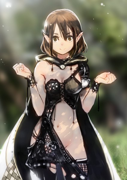 Anime picture 2480x3507 with original okuto single tall image looking at viewer fringe highres short hair breasts light erotic smile hair between eyes brown hair standing bare shoulders brown eyes payot outdoors pointy ears sunlight