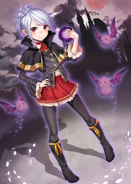 Anime-Bild 712x1000 mit original ray-akila single tall image looking at viewer blush short hair smile red eyes standing silver hair cloud (clouds) pointy ears shadow hand on hip magic vampire red moon girl skirt