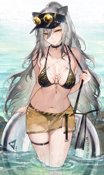 Anime picture 1494x2500 with arknights schwarz (arknights) qiandaiyiyu single long hair tall image looking at viewer blush fringe breasts light erotic hair between eyes large breasts standing holding animal ears yellow eyes outdoors ponytail parted lips