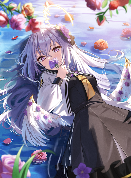 Anime picture 1500x2036 with blue archive azusa (blue archive) rahy single long hair tall image looking at viewer fringe hair between eyes purple eyes silver hair lying on back partially submerged covered mouth afloat girl flower (flowers) wings rose (roses)