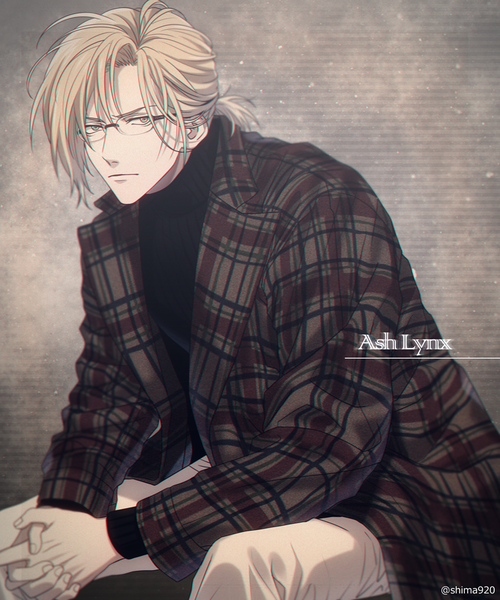 Anime picture 750x900 with banana fish mappa ash lynx mashima shima single tall image looking at viewer short hair blue eyes blonde hair sitting signed character names twitter username low ponytail boy glasses coat
