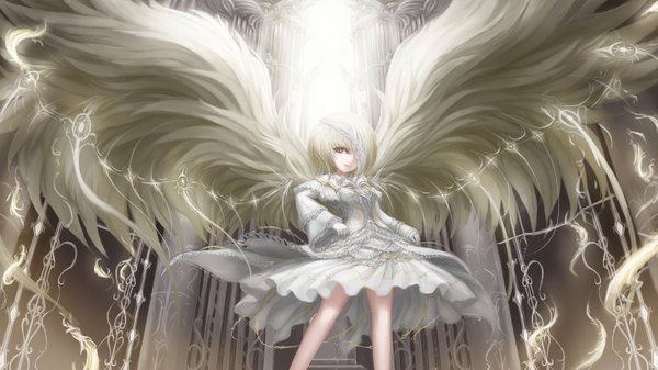 Anime picture 2000x1125 with original rinmmo single looking at viewer fringe highres short hair blonde hair red eyes wide image standing wide sleeves angel wings girl dress gloves wings white gloves white dress eyepatch