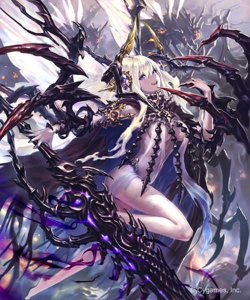Anime picture 1000x1200 with shingeki no bahamut hisakata souji single long hair tall image looking at viewer blush fringe breasts open mouth light erotic hair between eyes purple eyes holding silver hair bent knee (knees) barefoot horn (horns) bare legs no shoes