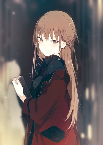 Anime picture 650x914 with original lpip single long hair tall image looking at viewer blush fringe smile brown hair holding brown eyes upper body braid (braids) open clothes turning head girl book (books) water drop winter clothes