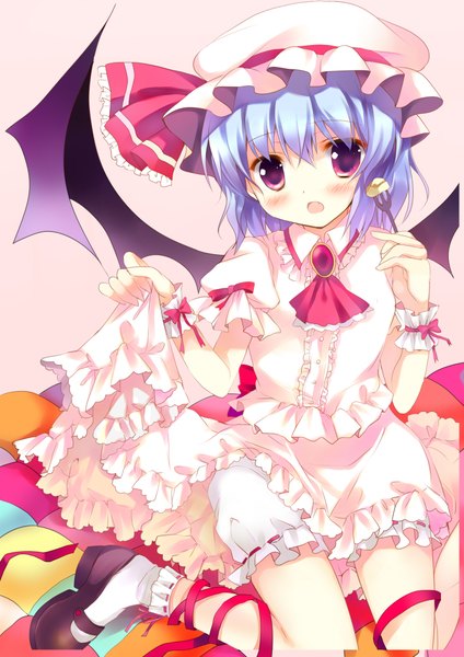 Anime picture 2893x4092 with touhou remilia scarlet azumi kazuki single tall image blush highres short hair open mouth blue hair pink eyes girl dress ribbon (ribbons) wings food bonnet fork