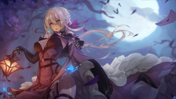 Anime picture 5760x3240 with violet evergarden kyoto animation violet evergarden (character) mitsu (mitsu art) single long hair looking at viewer fringe highres breasts blue eyes light erotic blonde hair hair between eyes wide image large breasts standing holding signed absurdres