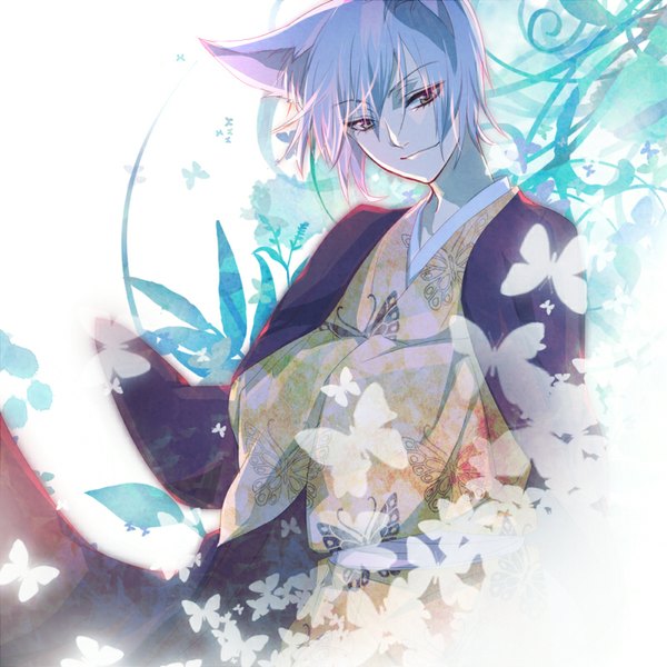 Anime picture 800x800 with kamisama hajimemashita tomoe (kamisama hajimemashita) sujikura single looking at viewer short hair smile standing animal ears silver hair traditional clothes head tilt japanese clothes wide sleeves fox ears animal print butterfly print fox boy boy insect