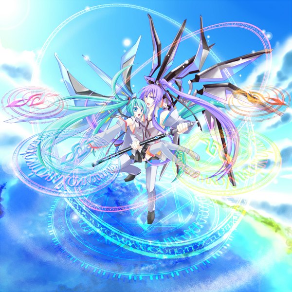 Anime picture 1600x1600 with vocaloid hatsune miku kamui gakupo haru aki long hair open mouth blue eyes twintails green eyes purple hair ponytail green hair magic flying girl boy detached sleeves sword wings magic circle