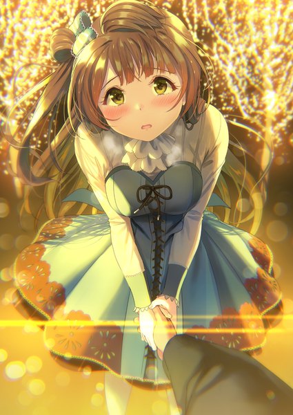Anime-Bild 650x918 mit love live! school idol project sunrise (studio) love live! minami kotori kichiroku long hair tall image looking at viewer blush fringe breasts open mouth brown hair standing yellow eyes outdoors long sleeves leaning leaning forward lens flare