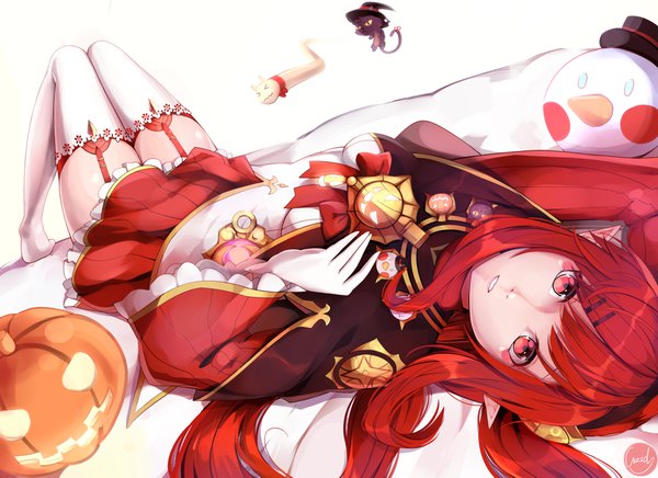 Anime picture 1850x1345 with dungeon and fighter mage (dungeon and fighter) gzsd single long hair looking at viewer fringe highres red eyes signed full body red hair lying blunt bangs parted lips pointy ears wide sleeves on back halloween upside down