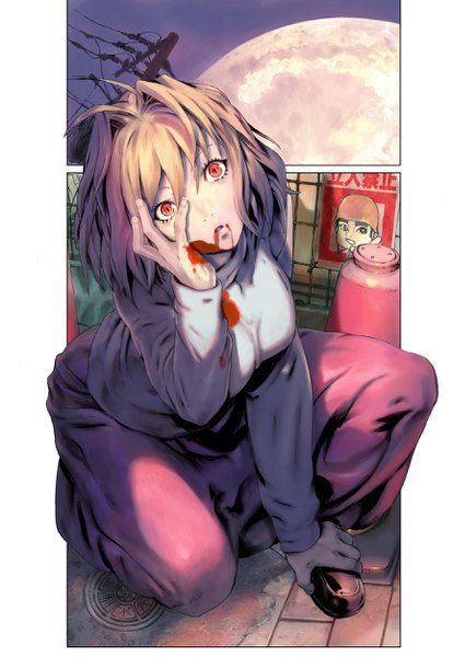 Anime picture 1725x2500 with shingetsutan tsukihime type-moon arcueid brunestud yasuda akira single tall image looking at viewer fringe highres short hair breasts blonde hair hair between eyes red eyes sitting holding parted lips head tilt squat slit pupils