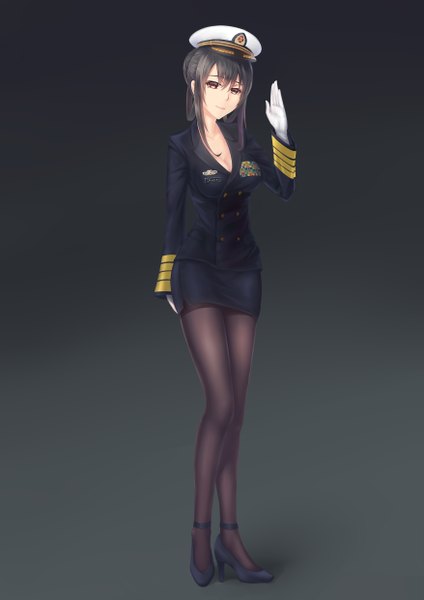 Anime picture 3507x4960 with kantai collection female admiral (kantai collection) iandrea single long hair tall image looking at viewer highres brown eyes absurdres dark background girl skirt gloves pantyhose white gloves skirt set peaked cap