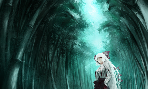 Anime picture 1600x965 with touhou fujiwara no mokou akaikitsune single long hair wide image white hair pink eyes hands in pockets girl bow plant (plants) hair bow bamboo