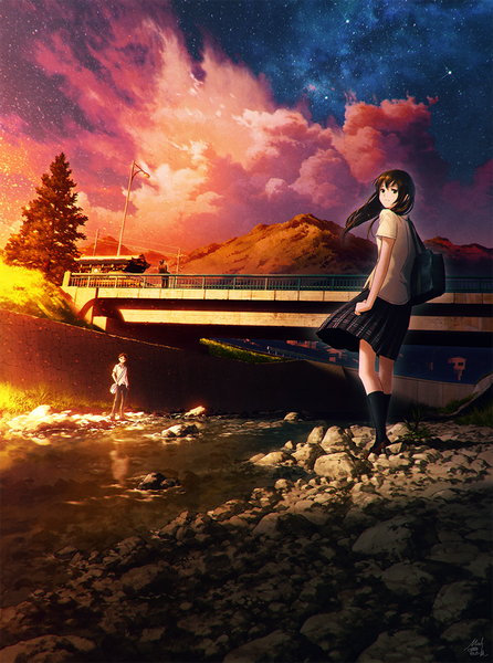 Anime picture 818x1100 with original mocha (cotton) long hair tall image short hair black hair standing brown eyes cloud (clouds) outdoors wind night multiple boys night sky evening sunset mountain girl boy uniform