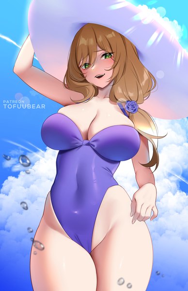 Anime picture 3850x5950 with genshin impact lisa (genshin impact) tofuubear single long hair tall image looking at viewer blush fringe highres breasts open mouth light erotic smile hair between eyes brown hair green eyes signed absurdres sky