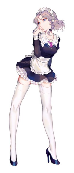 Anime picture 800x1866 with touhou izayoi sakuya hillly (maiwetea) single tall image looking at viewer blue eyes simple background standing white background silver hair full body braid (braids) maid high heels leaning zettai ryouiki leaning forward puffy sleeves twin braids