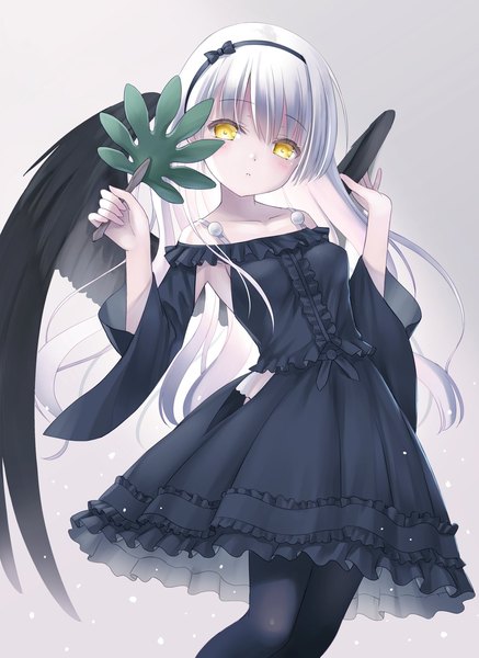 Anime picture 1280x1756 with original na-ga single long hair tall image looking at viewer fringe breasts yellow eyes white hair off shoulder grey background wide sleeves wavy hair black wings lolita fashion frilly skirt goth-loli girl skirt