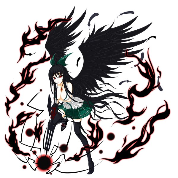 Anime picture 4000x4000 with touhou reiuji utsuho gmot single long hair highres breasts light erotic black hair simple background red eyes white background absurdres black wings arm cannon girl thighhighs skirt bow weapon