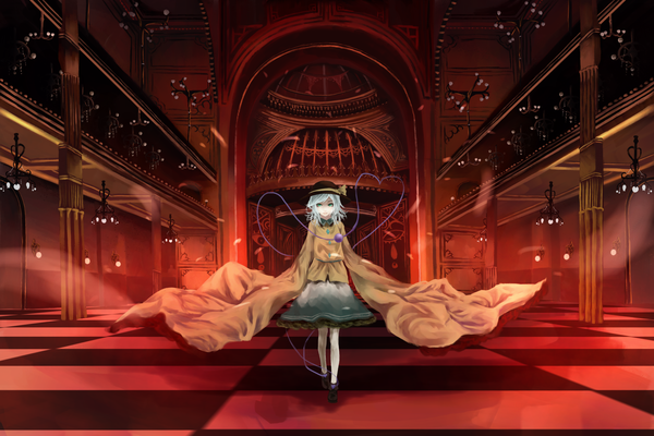Anime picture 1900x1267 with touhou komeiji koishi akaikitsune single highres short hair smile green eyes white hair checkered floor hands in sleeves girl bow hat pantyhose hall