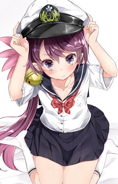 Anime picture 581x900 with kantai collection akebono destroyer hamaken. (novelize) single long hair tall image looking at viewer blush fringe hair between eyes white background sitting purple eyes purple hair hair flower from above side ponytail wariza adjusting hat hair bell