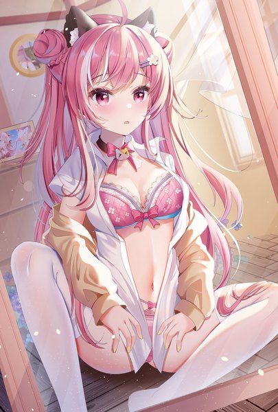 Anime picture 2027x3000 with original miaogujun single long hair tall image looking at viewer blush highres breasts open mouth light erotic large breasts sitting animal ears payot pink hair cleavage ahoge bent knee (knees) braid (braids)