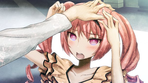 Anime picture 1280x720 with steins;gate white fox faris nyannyan huke long hair blush open mouth wide image twintails pink hair game cg pink eyes hand on head girl