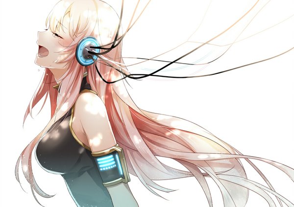 Anime picture 1000x706 with vocaloid megurine luka yuzuki kihiro single long hair open mouth white background bare shoulders pink hair eyes closed profile tears girl headphones