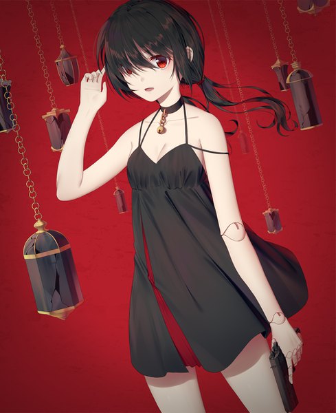 Anime picture 1000x1226 with original ji dao ji single long hair tall image looking at viewer fringe breasts open mouth black hair simple background red eyes standing twintails bare shoulders holding cleavage arm up hair over one eye dutch angle