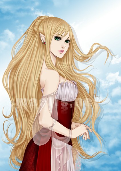 Anime picture 636x900 with original m-aelis single long hair tall image looking at viewer blonde hair green eyes lips pointy ears girl dress earrings