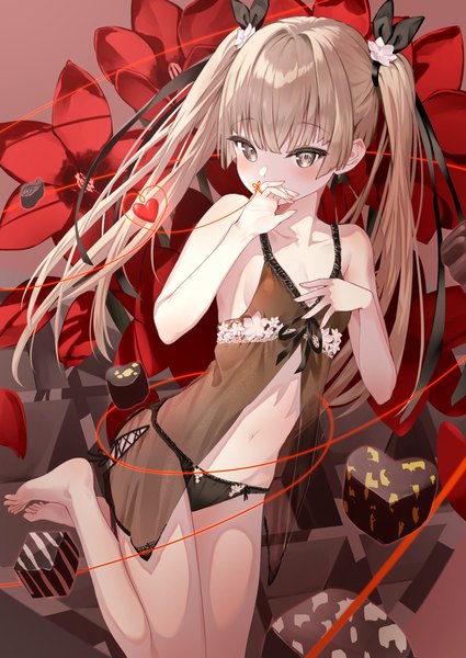 Anime picture 1655x2337 with original namikishiho single long hair tall image blush light erotic blonde hair twintails brown eyes payot looking away barefoot bare legs flat chest covered mouth valentine floral background heart of string girl
