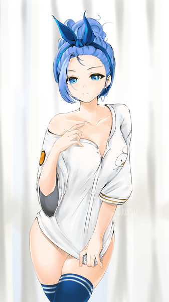Anime picture 898x1600 with original minah (chaesu) chaesu single tall image looking at viewer blush short hair blue eyes light erotic simple background standing white background signed blue hair off shoulder hair bun (hair buns) thighs thigh gap alternate hairstyle