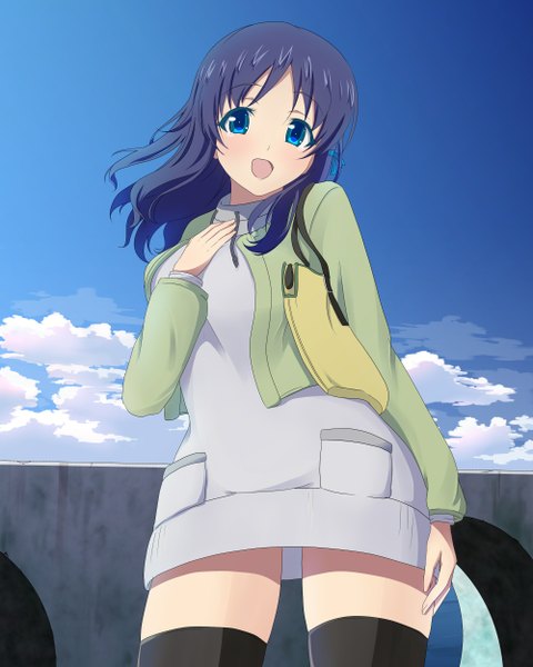 Anime picture 1000x1250 with nagi no asukara p.a. works hiradaira chisaki john shiden single long hair tall image looking at viewer blush open mouth blue eyes blue hair sky cloud (clouds) open clothes open jacket girl thighhighs black thighhighs jacket