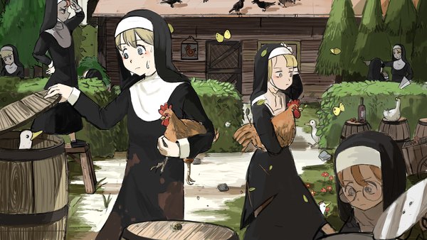 Anime picture 2048x1152 with little nuns (diva) protagonist nun (diva) scowly nun (diva) glasses nun (diva) half-bang nun (diva) hook-bang nun (diva) sheep nun (diva) diva (hyxpk) fringe highres blonde hair wide image multiple girls holding looking away outdoors profile arm up looking down 6+ girls