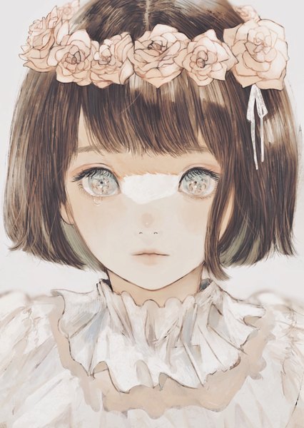 Anime picture 1414x1993 with original orie h single tall image looking at viewer fringe short hair simple background brown hair blunt bangs hair flower grey background portrait shaded face face silver eyes expressionless bob cut girl flower (flowers)