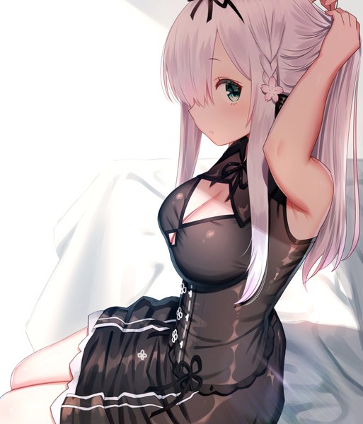 Anime picture 744x870 with virtual youtuber plivyou kamiki kinu yasuyuki single long hair tall image looking at viewer blush fringe breasts simple background large breasts white background sitting green eyes payot cleavage silver hair braid (braids)