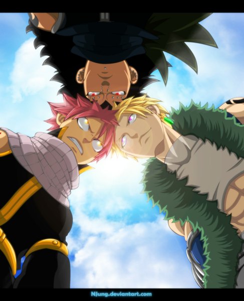 Anime picture 900x1108 with fairy tail natsu dragneel gajeel redfox sting eucliffe natilokijung long hair tall image short hair black hair blonde hair smile red eyes yellow eyes pink hair sky cloud (clouds) pink eyes sunlight multiple boys from below