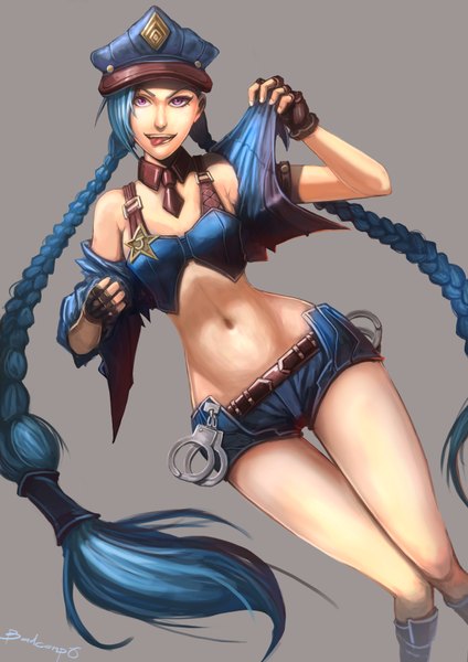 Anime picture 2480x3508 with league of legends jinx (league of legends) badcompzero single tall image looking at viewer highres light erotic simple background purple eyes bare shoulders blue hair braid (braids) very long hair open clothes open jacket midriff twin braids girl gloves