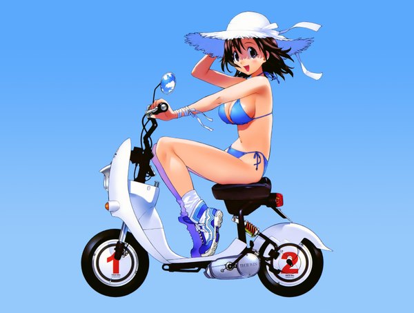 Anime picture 3300x2500 with yoshizaki mine highres light erotic blue background girl swimsuit motorcycle tech win