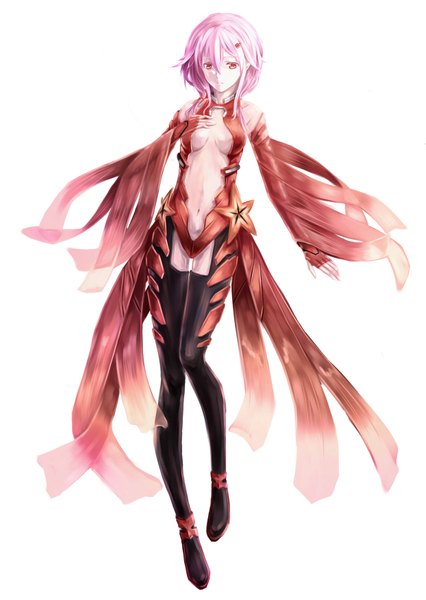 Anime picture 1240x1748 with guilty crown production i.g yuzuriha inori hongchajun single long hair tall image breasts light erotic simple background red eyes white background bare shoulders pink hair center opening girl navel hair ornament detached sleeves hairclip