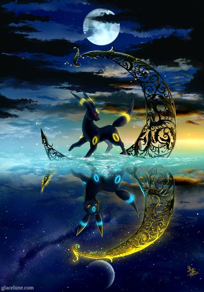 Anime-Bild 700x1000 mit pokemon nintendo umbreon hizuki ranko tall image looking at viewer red eyes signed yellow eyes looking away cloud (clouds) profile night night sky reflection no people alternate color milky way gen 2 pokemon different reflection