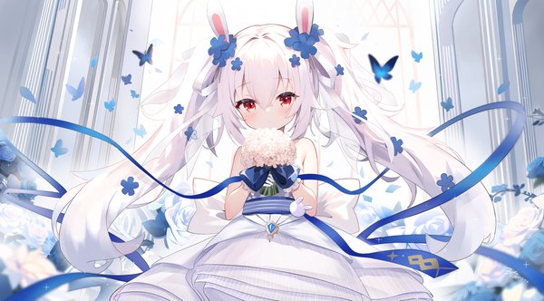 Anime picture 2296x1272 with azur lane laffey (azur lane) laffey (white rabbit's oath) (azur lane) zcx single long hair looking at viewer fringe highres hair between eyes red eyes wide image twintails animal ears silver hair indoors hair flower loli bunny ears official alternate costume