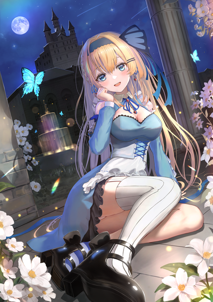 Anime picture 2894x4093 with airy production kyomei alice aomaru (shta-chu-jisuiai) single long hair tall image looking at viewer blush fringe highres breasts open mouth blue eyes light erotic blonde hair hair between eyes sitting bare shoulders full body bent knee (knees)
