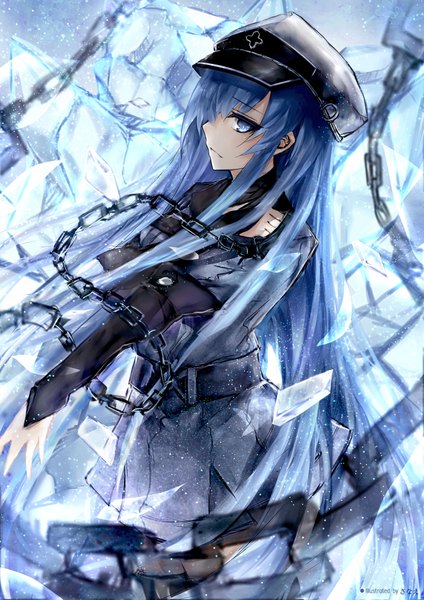 Anime picture 2894x4093 with akame ga kill! white fox esdeath sanae (jomill04) single long hair tall image looking at viewer blush fringe highres blue eyes standing blue hair profile pleated skirt girl skirt uniform chain