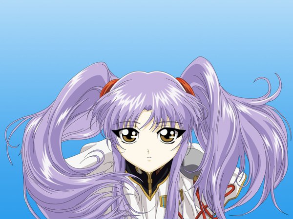 Anime picture 1600x1200 with martian successor nadesico xebec hoshino ruri single long hair looking at viewer fringe simple background twintails brown eyes payot purple hair upper body blue background girl hair tie