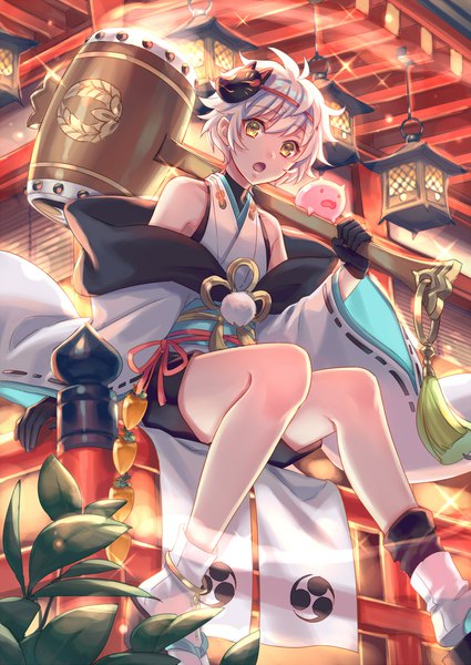 Anime picture 1500x2119 with original zoff (daria) single tall image looking at viewer fringe short hair open mouth hair between eyes sitting bare shoulders holding yellow eyes silver hair outdoors traditional clothes japanese clothes off shoulder wide sleeves arm support