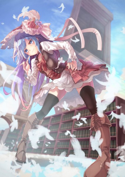 Anime picture 992x1403 with original saraki single long hair tall image looking at viewer blue eyes blue hair sky full body leaning zettai ryouiki leaning forward hand on hip finger to mouth girl thighhighs black thighhighs hat knee boots